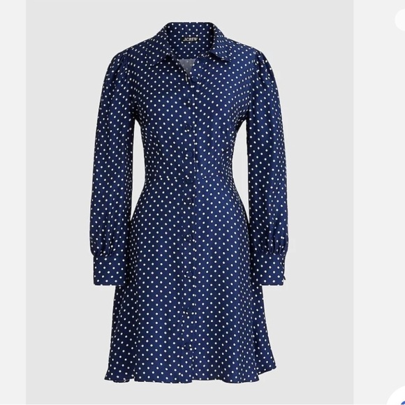 J. Crew NWT cupro shirt dress in becklow polka dot print. Coastal,nautical vibes - Picture 1 of 12